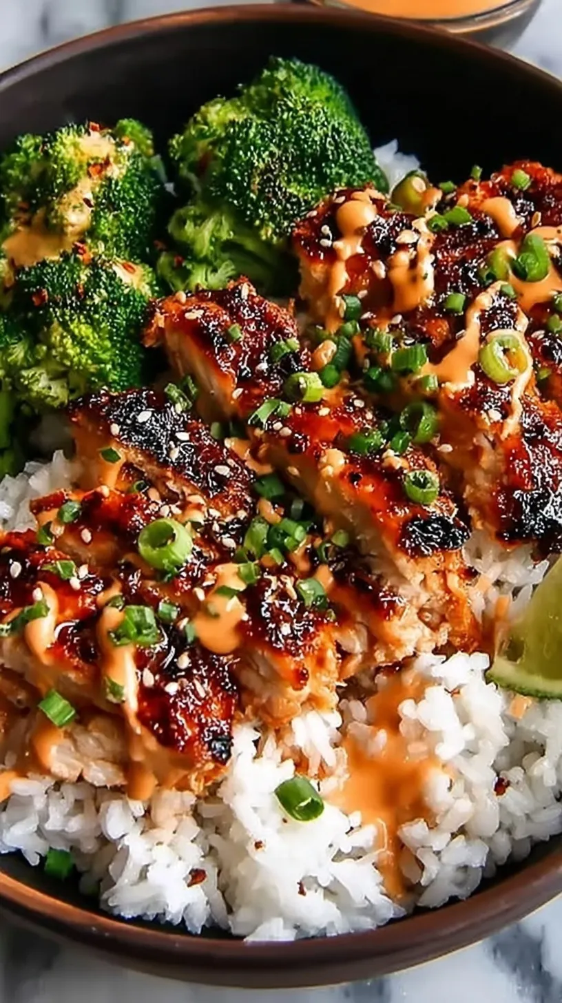 A white bowl filled with glossy glazed chicken over jasmine rice, garnished with green onions and sesame seeds.