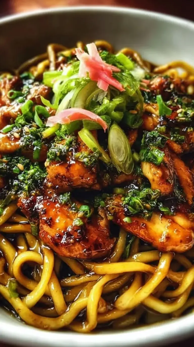 A steaming bowl of sticky garlic chicken noodles garnished with green onions and sesame seeds