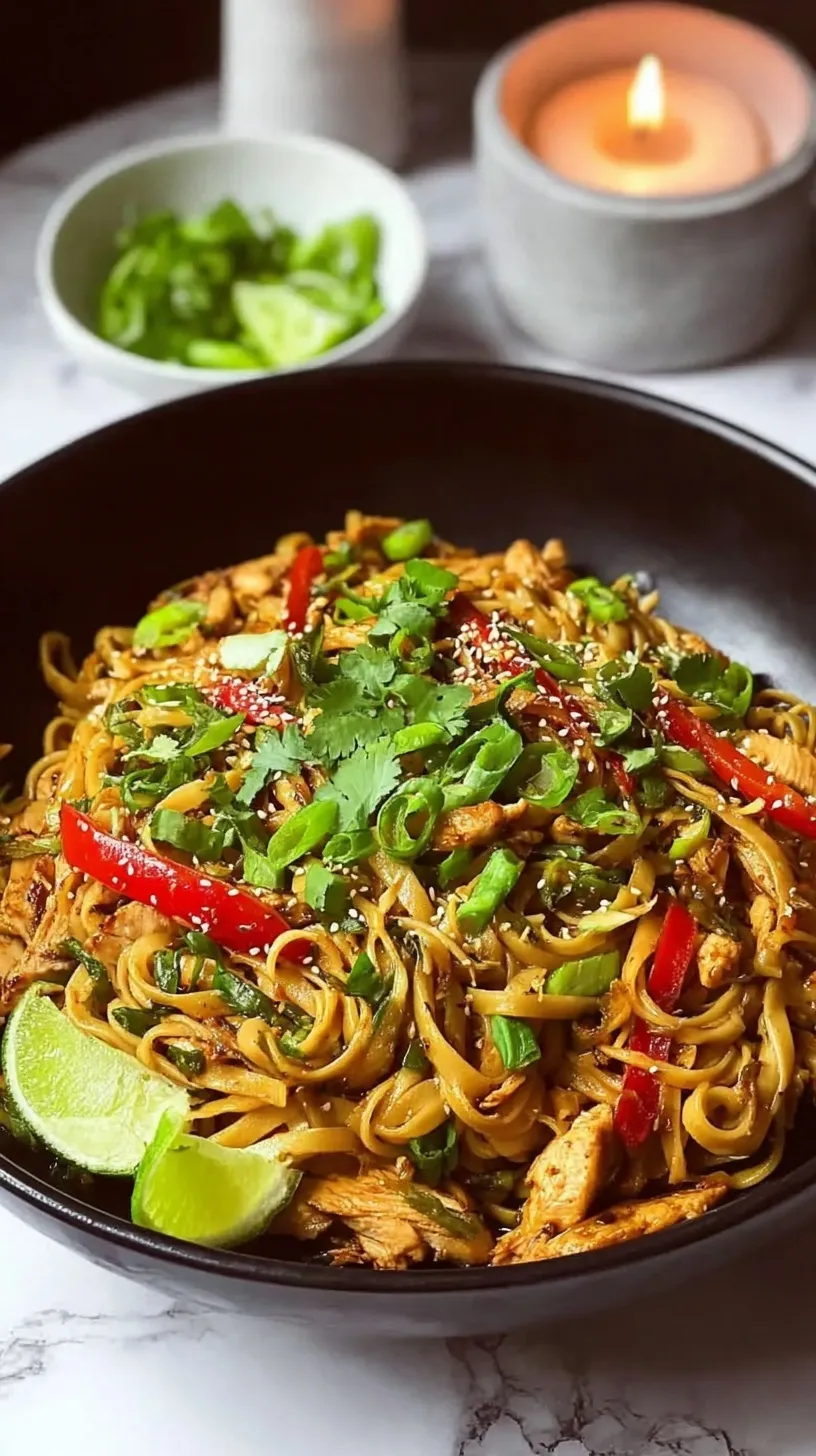 A bowl of glossy hoisin garlic chicken noodles with broccoli and red peppers