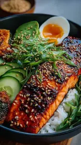 A vibrant salmon bowl with orange gochujang glaze, jasmine rice, and broccoli