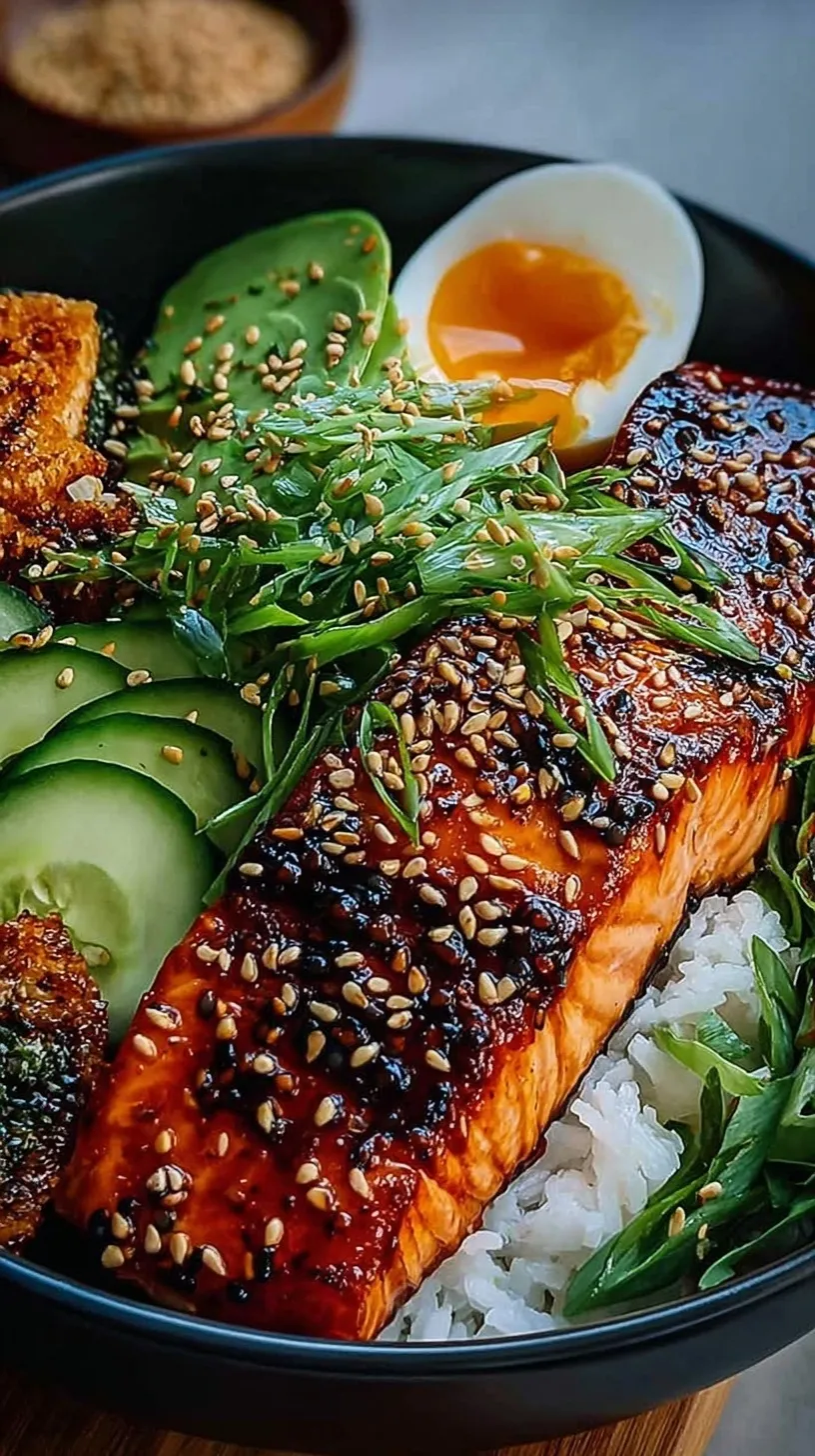 A vibrant salmon bowl with orange gochujang glaze, jasmine rice, and broccoli