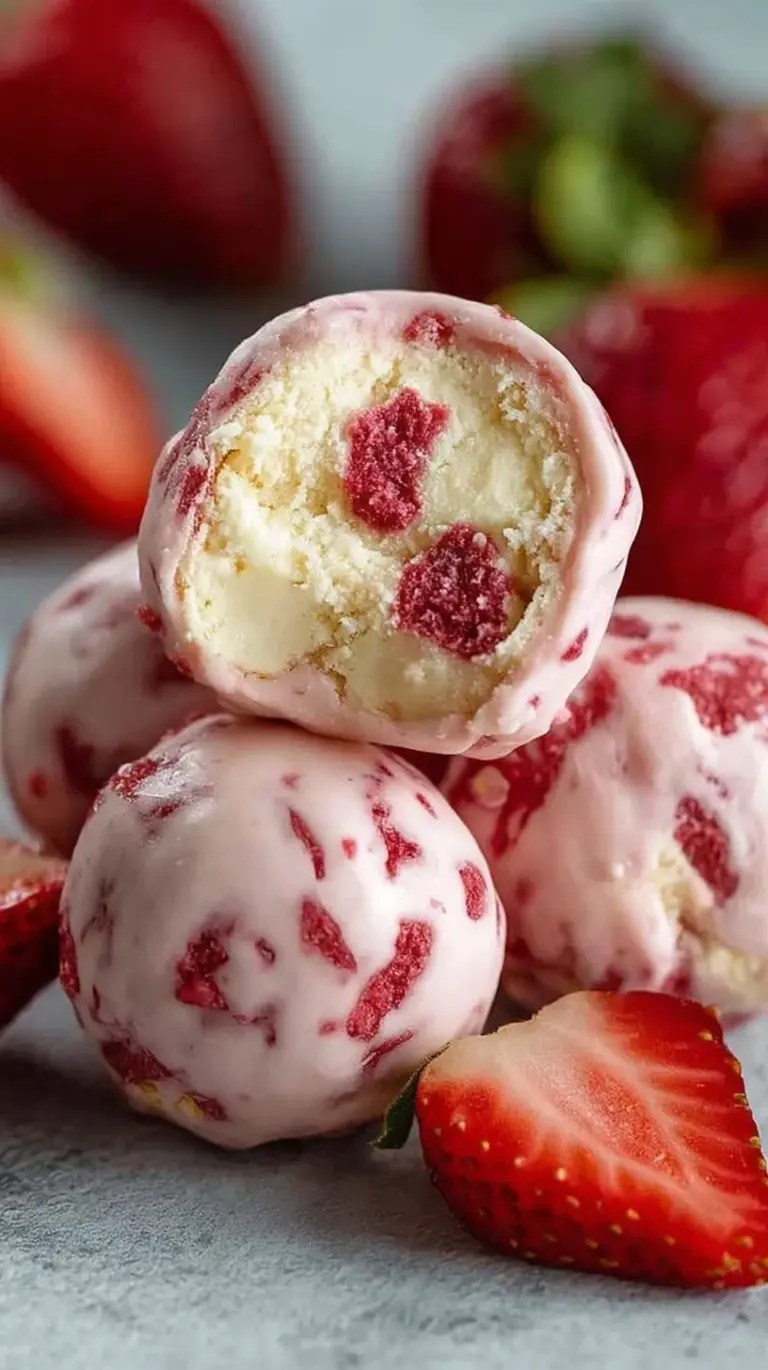 A plate of pink strawberry cheesecake protein balls garnished with freeze-dried strawberry dust