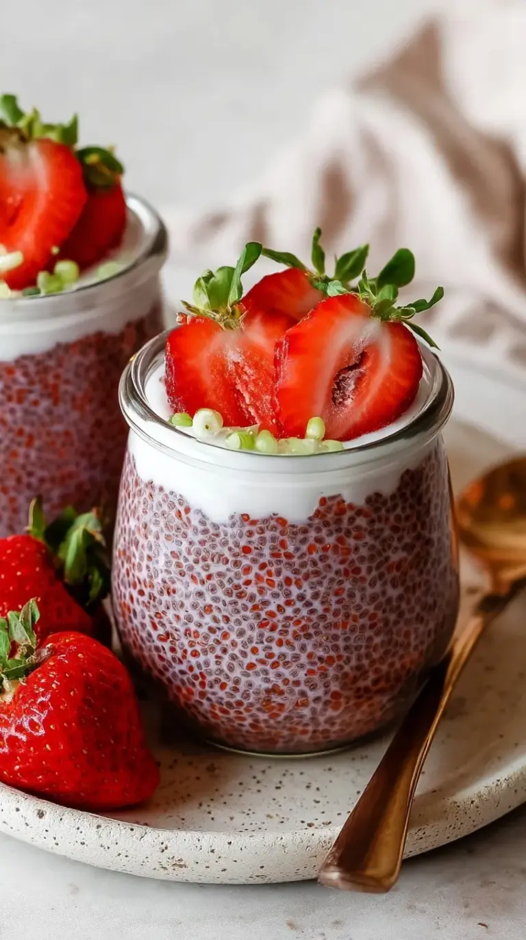 A glass jar filled with pink strawberry chia pudding topped with fresh berry slices.