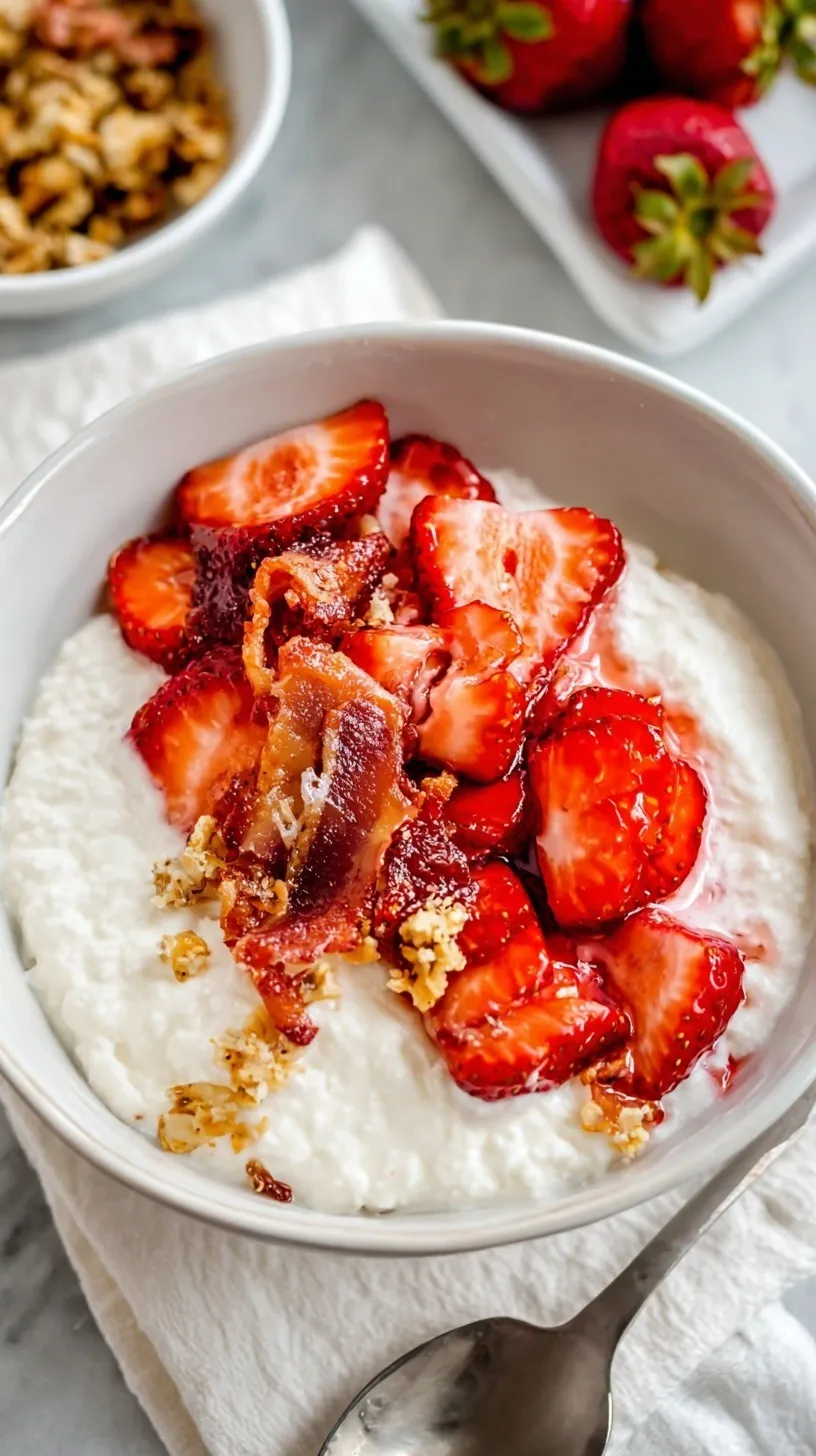 A white bowl filled with creamy cottage cheese topped with sliced strawberries, almonds, and hemp seeds.
