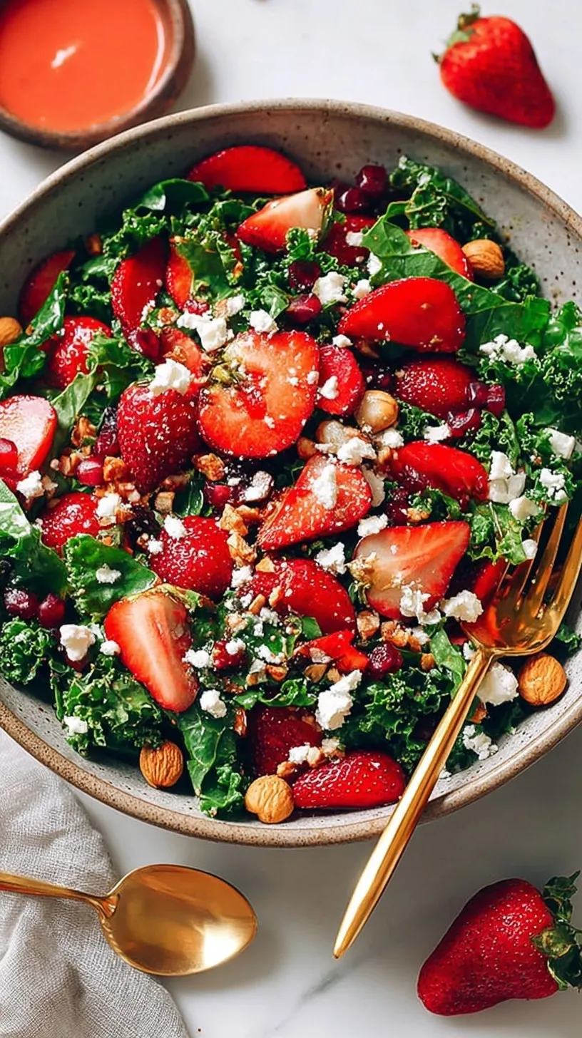 A vibrant bowl of Strawberry Kale Salad with sliced berries, crumbled feta, and toasted walnuts.