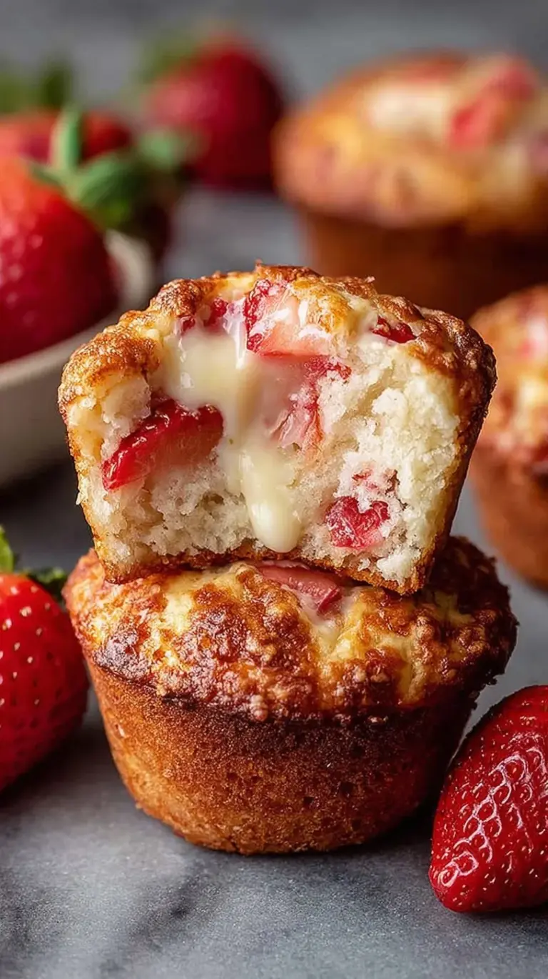 Freshly baked strawberry protein muffins on a wire cooling rack with fresh berries nearby.