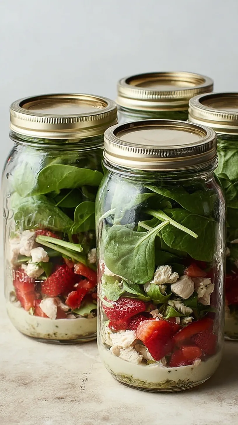 A vibrant layered mason jar salad with strawberries, spinach, and goat cheese on a wooden table.