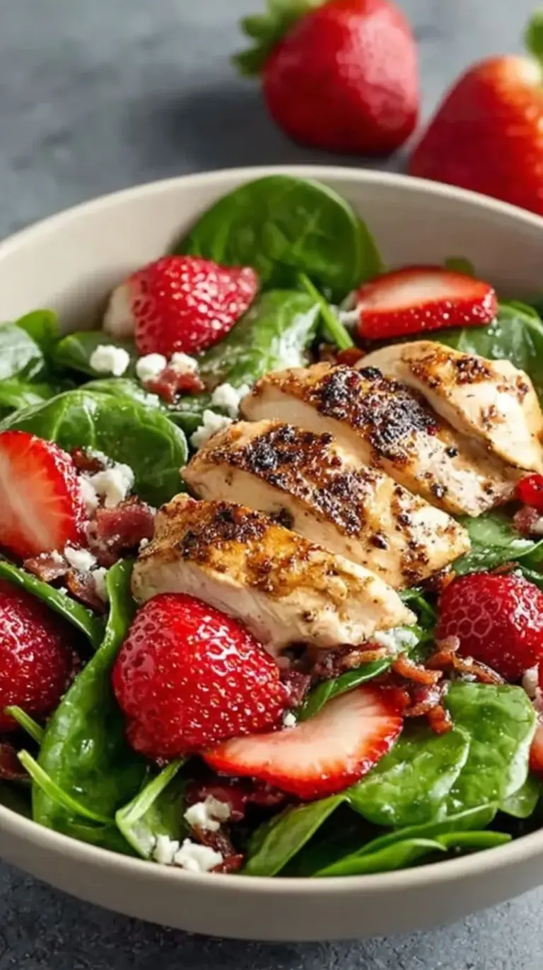 A vibrant strawberry spinach salad topped with grilled chicken strips, sliced berries, and feta cheese.