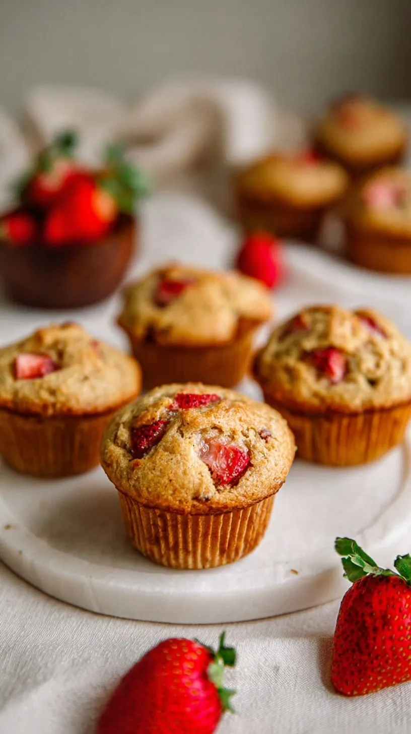 A tray of golden brown strawberry yogurt muffins with fresh berry pieces visible inside.