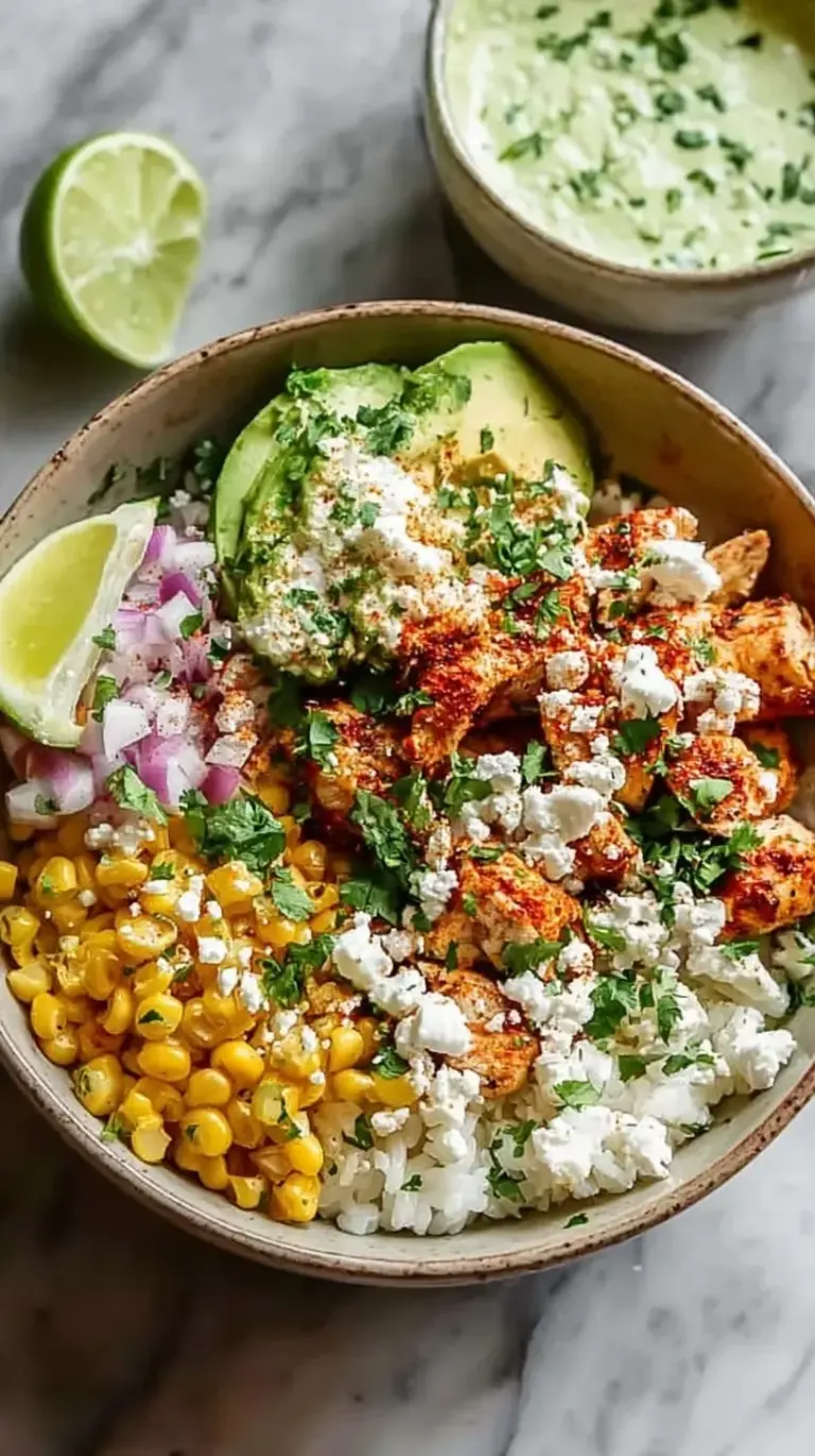 A vibrant street corn chicken bowl with charred corn, seasoned chicken, and sliced avocado over cilantro lime rice.