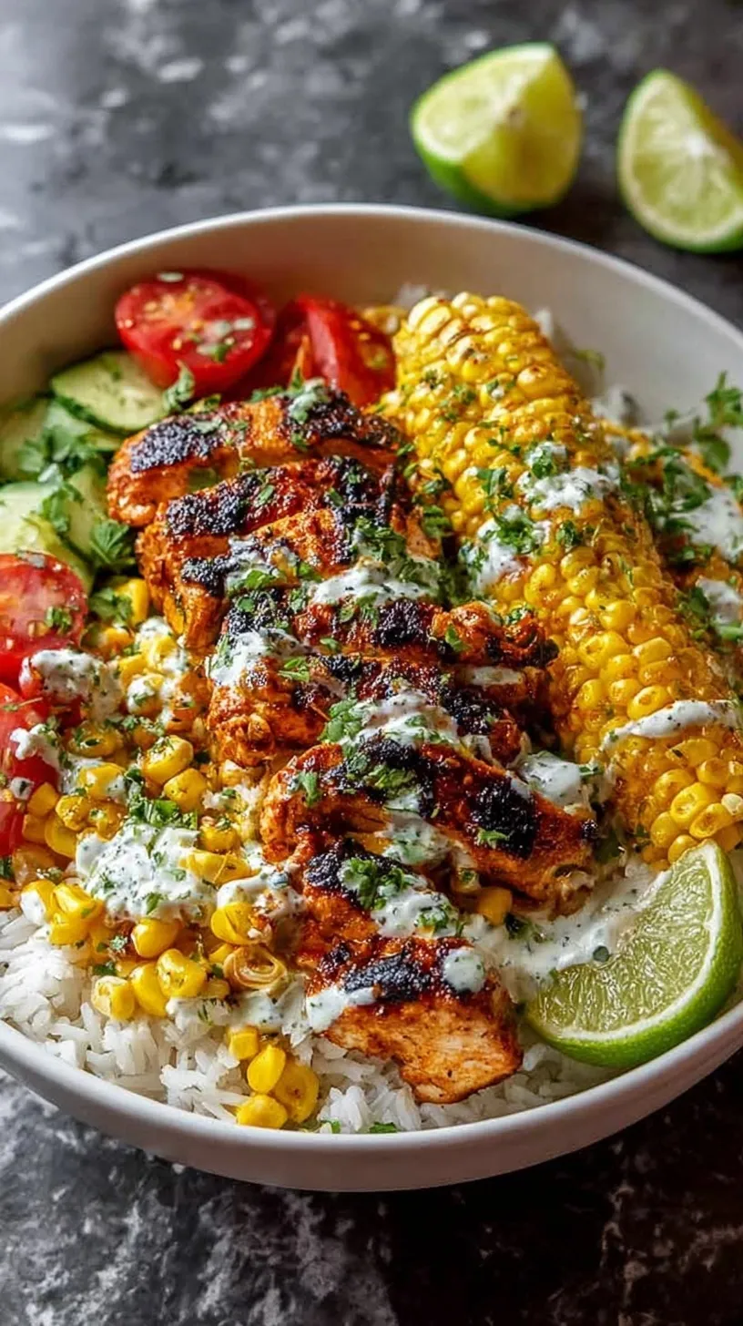 A vibrant rice bowl topped with spiced chicken cubes and creamy charred Mexican street corn
