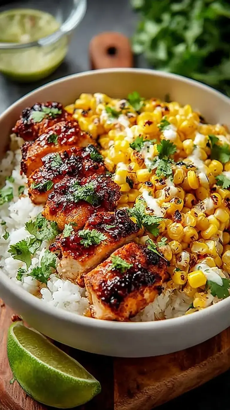 A vibrant bowl of lime chicken, cilantro rice, and creamy Mexican street corn.