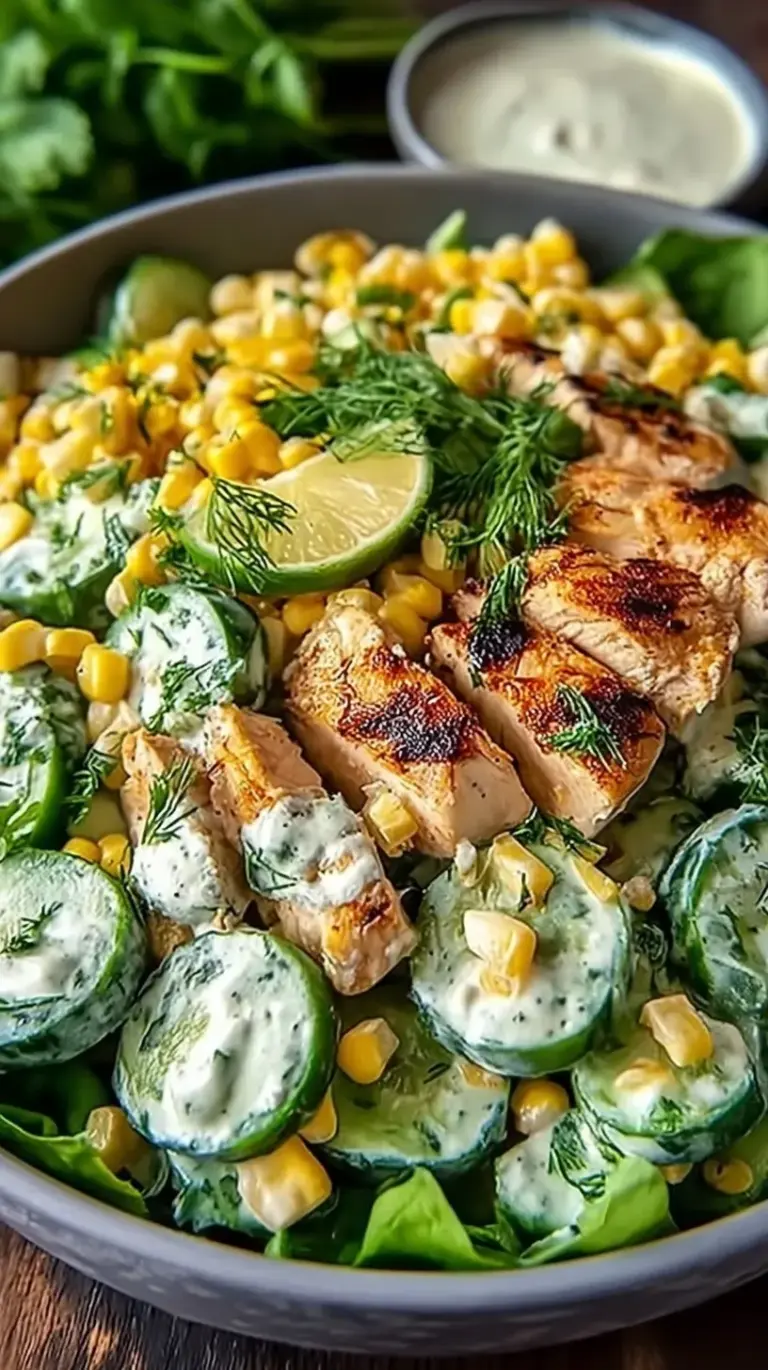 A bowl of Street Corn Creamy Cucumber Chicken Salad with charred corn and cotija cheese