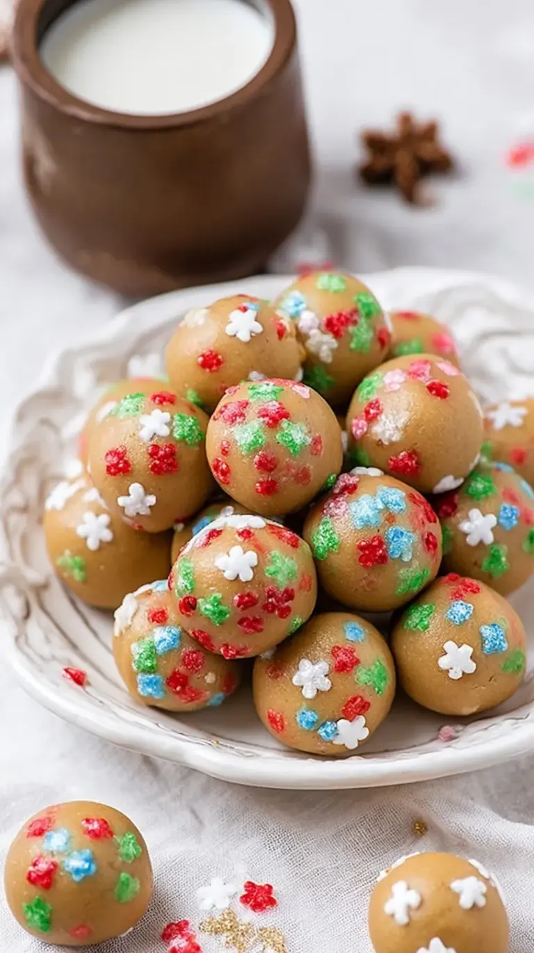 A stack of round sugar cookie protein balls decorated with rainbow sprinkles on a white plate.