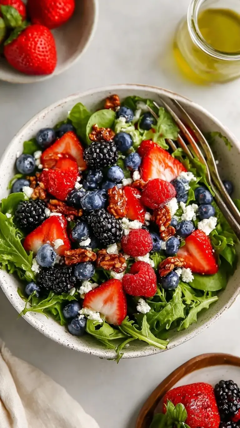A vibrant bowl of mixed strawberries, blueberries, and raspberries with fresh mint leaves