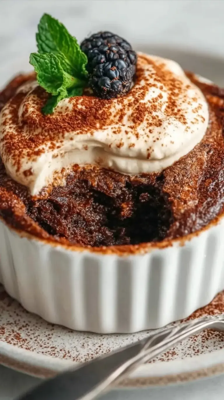 A square of chocolate mocha protein baked oats topped with chocolate chips and fresh raspberries on a white plate.
