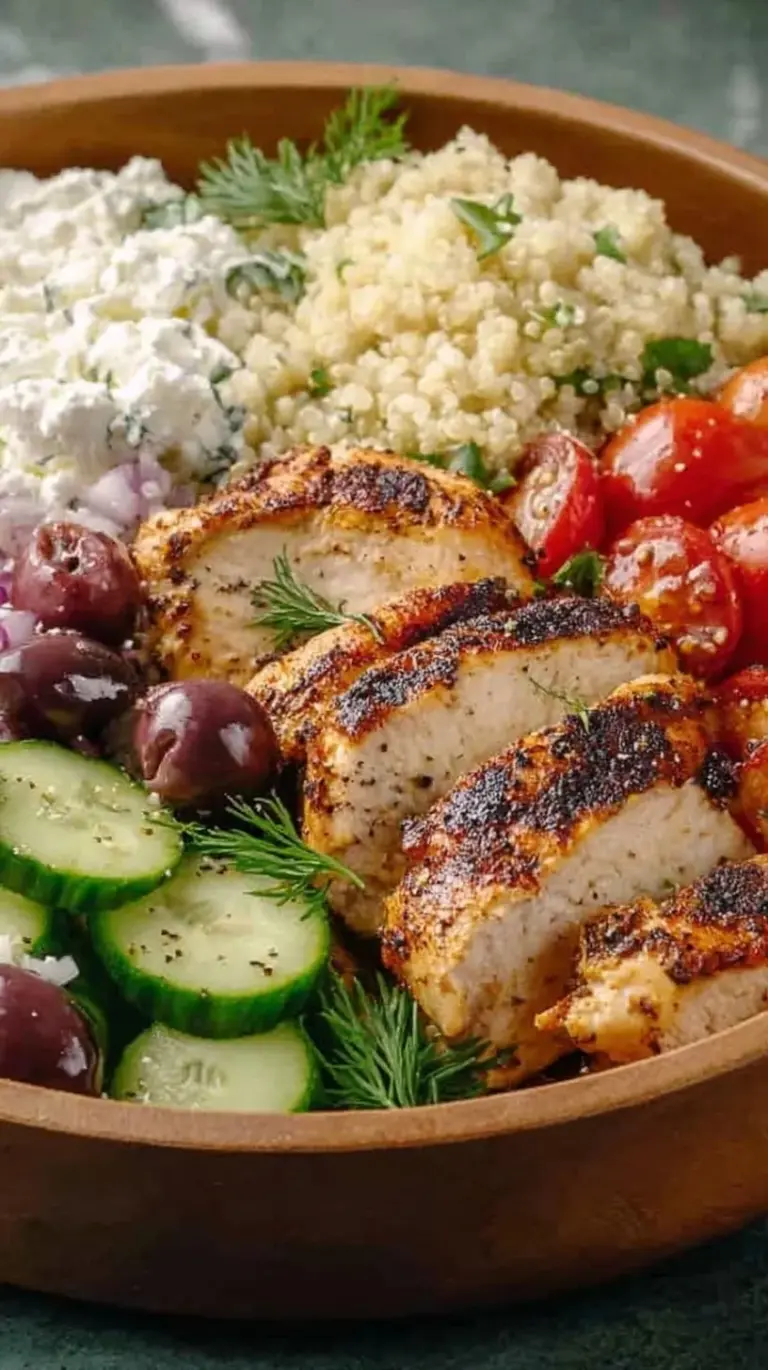 A vibrant Greek chicken bowl with lemony quinoa, cucumbers, tomatoes, and feta cheese.