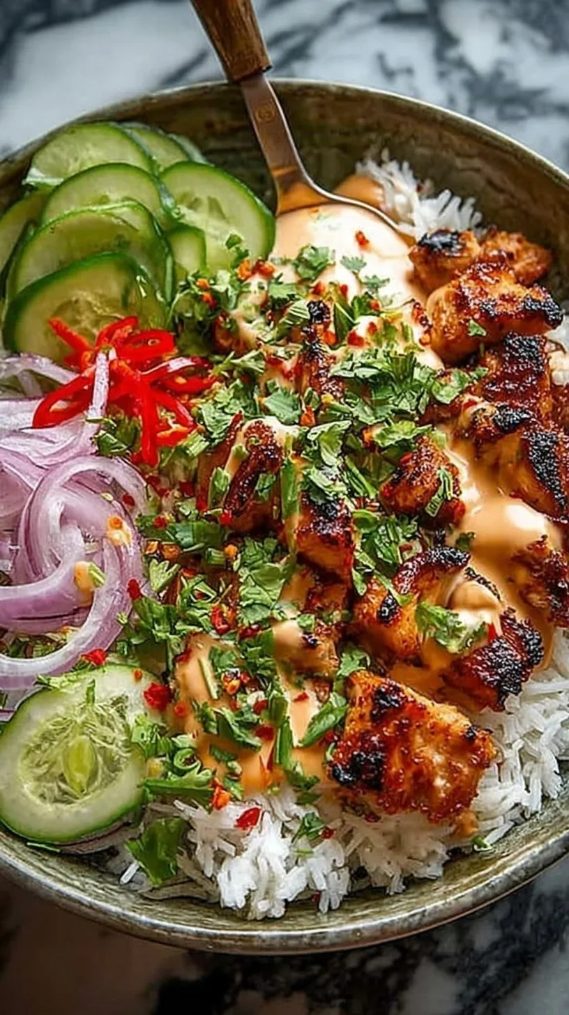 A vibrant Sweet Chili Chicken Bowl with julienned carrots, cucumbers, and glazed chicken over rice.
