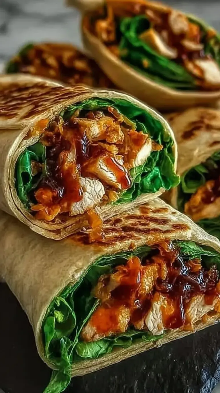 Fresh sweet chili chicken wraps filled with colorful vegetables and glazed chicken on a clean white plate