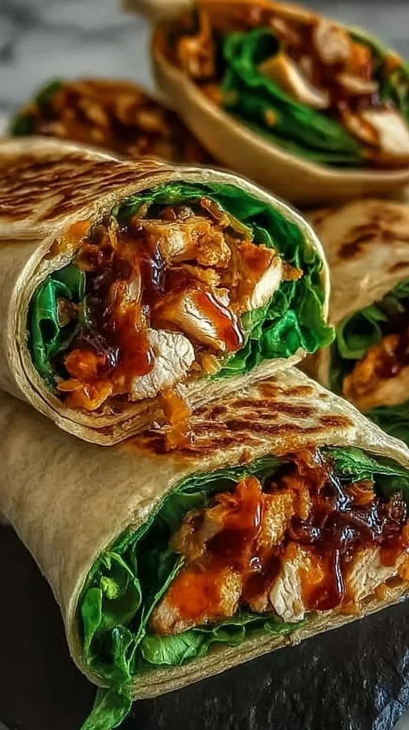Fresh sweet chili chicken wraps filled with colorful vegetables and glazed chicken on a clean white plate