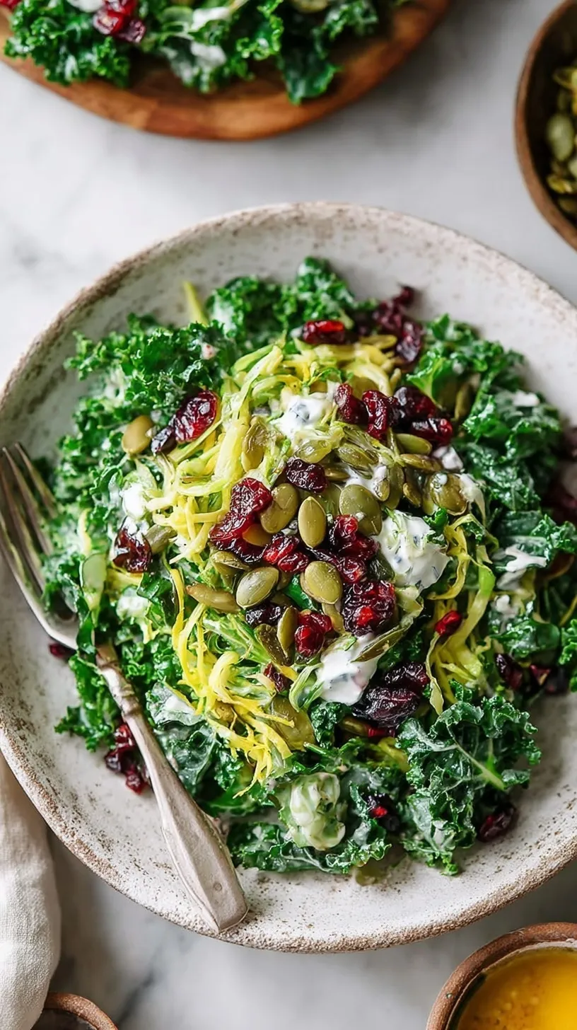 A large wooden bowl filled with a colorful sweet kale salad featuring shredded cabbage, cranberries, and pumpkin seeds.