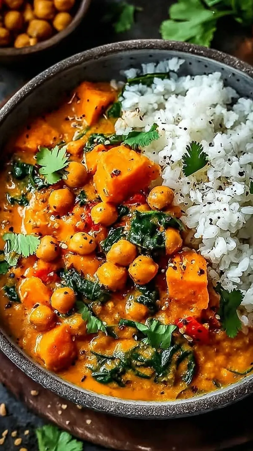 A bowl of creamy orange curry with sweet potatoes and chickpeas topped with cilantro.