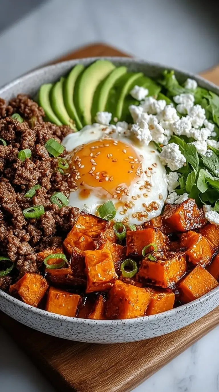 A vibrant bowl with roasted sweet potato cubes, browned ground beef, a scoop of cottage cheese, and a drizzle of hot honey.