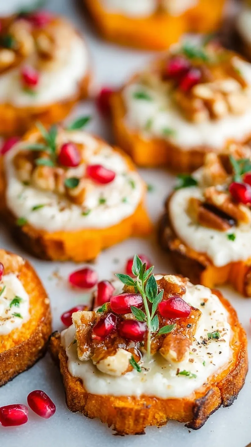 Roasted sweet potato rounds topped with goat cheese, cranberries, and balsamic glaze on a wooden serving board.