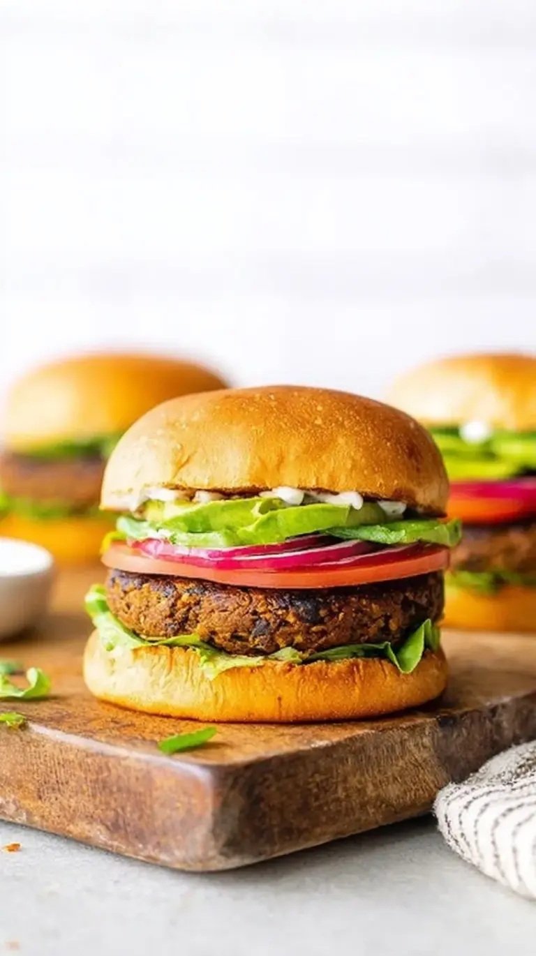 A stack of golden brown sweet potato black bean burgers on a wooden board with fresh greens