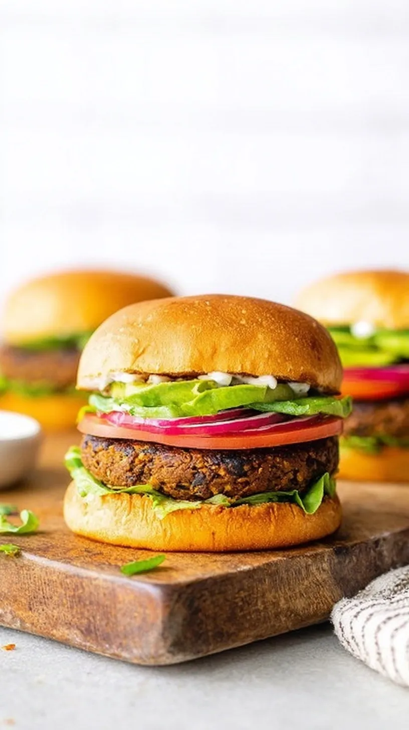 A stack of golden brown sweet potato black bean burgers on a wooden board with fresh greens