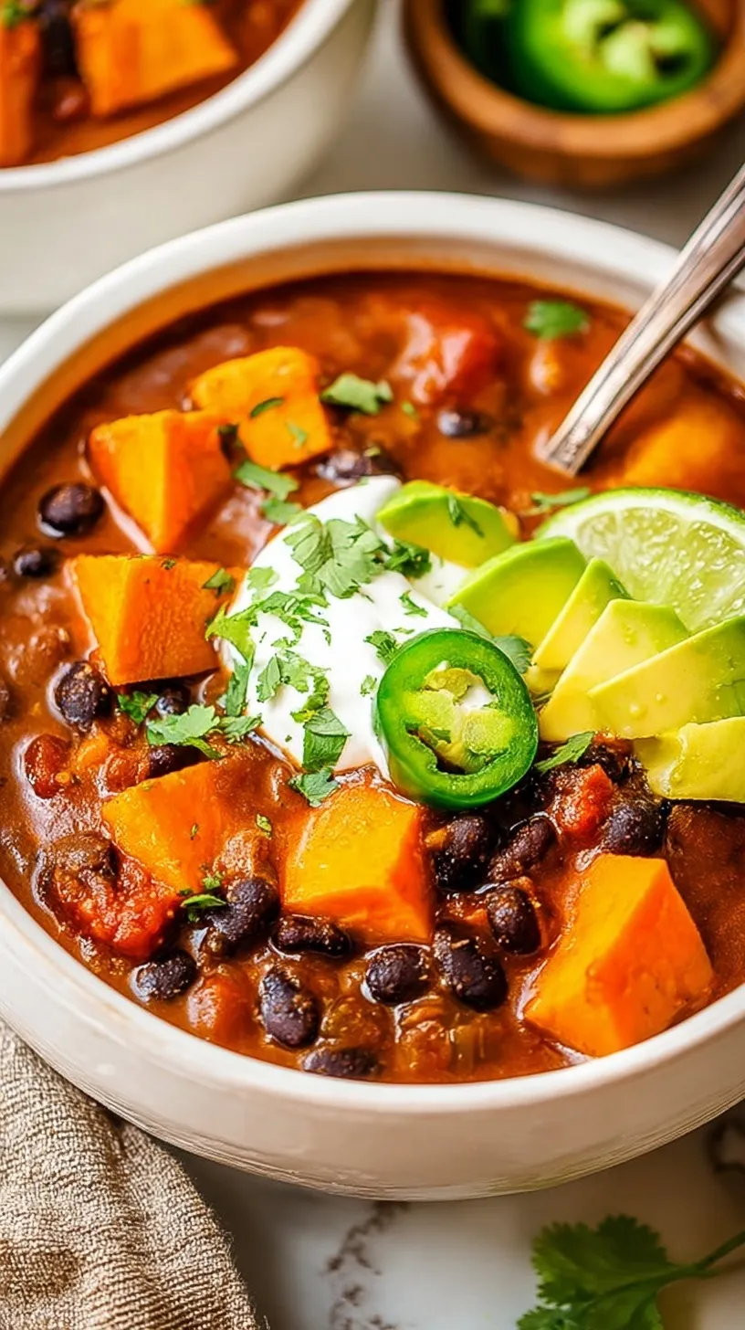 A steaming bowl of sweet potato black bean chili topped with fresh avocado and cilantro.