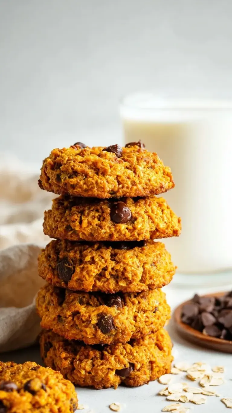 A tray of golden brown sweet potato breakfast cookies with chocolate chips and oats.