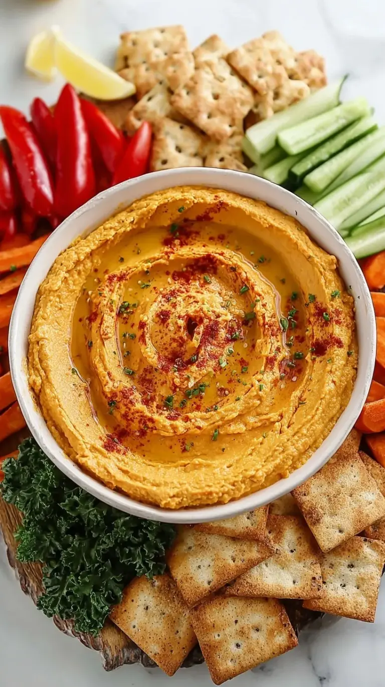 A bowl of vibrant orange sweet potato hummus topped with olive oil and paprika