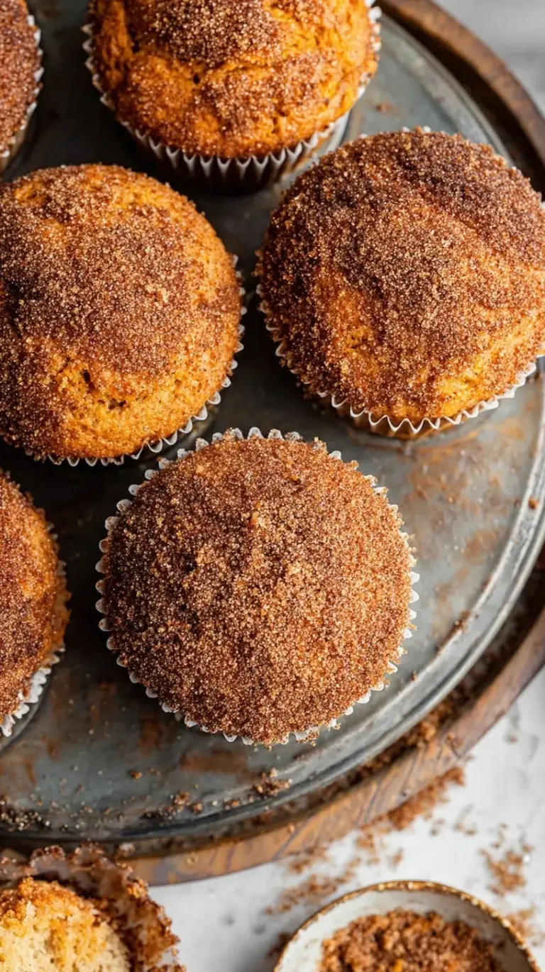 A basket of freshly baked sweet potato muffins with golden tops and a dusting of cinnamon.