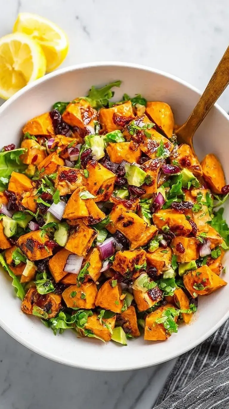 A colorful roasted sweet potato salad with feta cheese, dried cranberries, and pumpkin seeds in a white bowl.