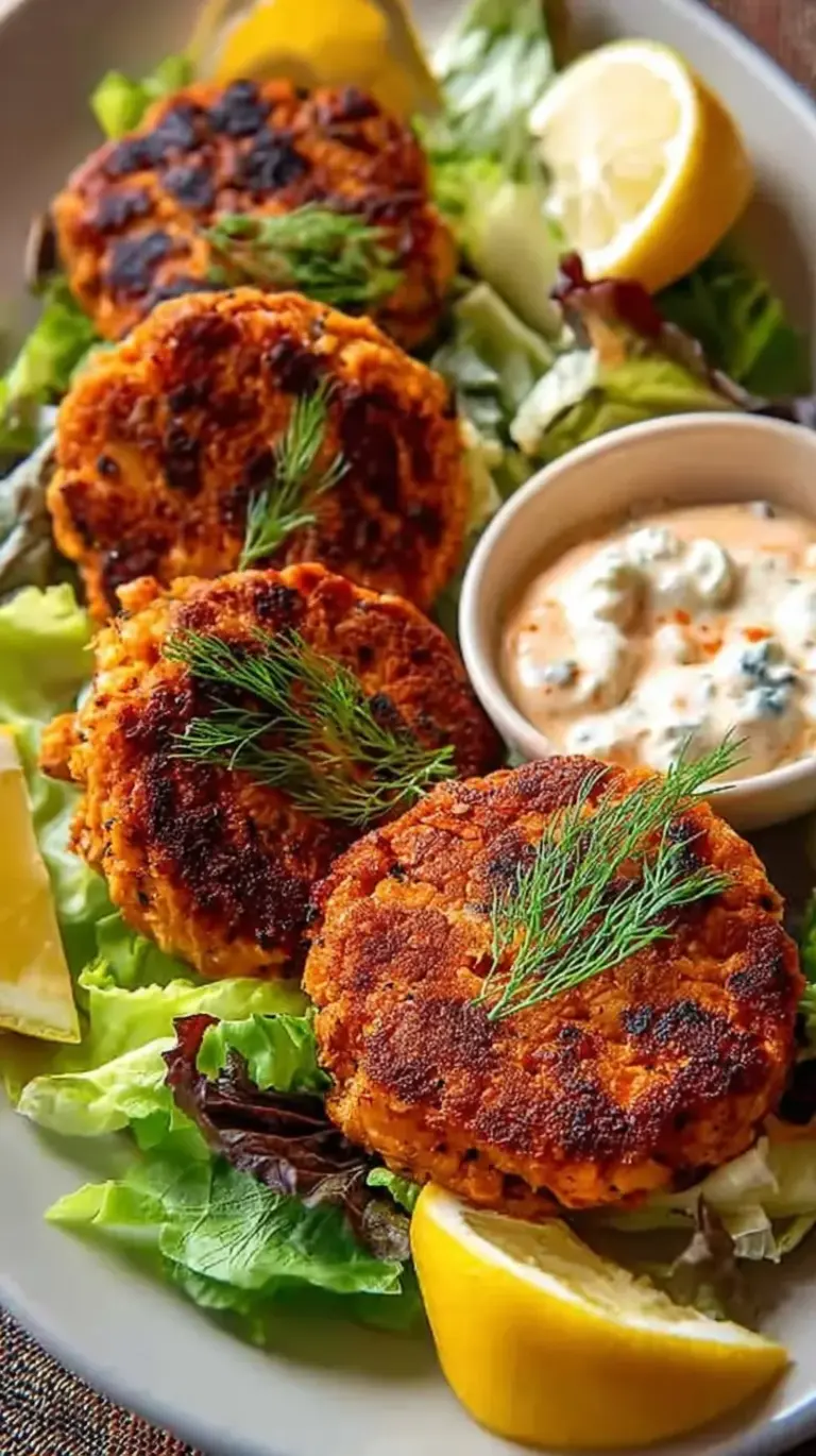Golden brown sweet potato salmon cakes on a plate with creamy orange sauce and fresh dill.
