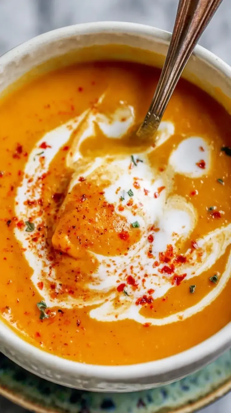 A bowl of creamy orange roasted sweet potato soup topped with a swirl of cream and fresh herbs.