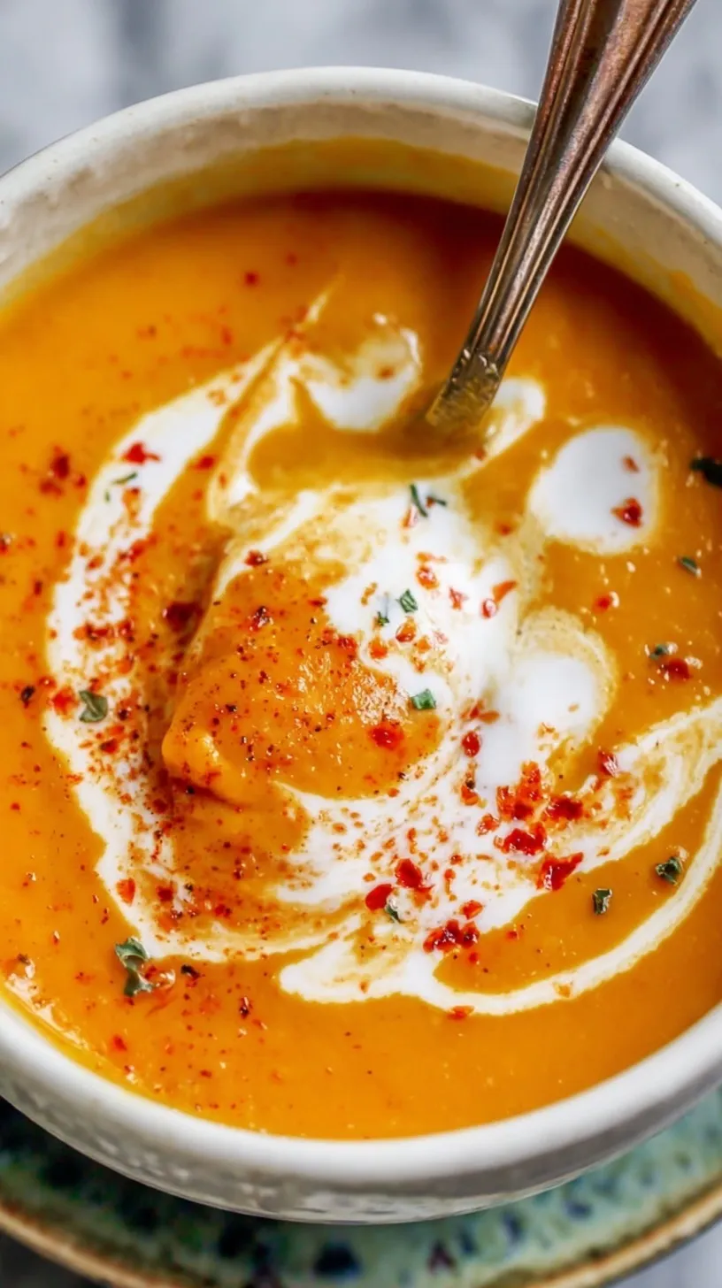 A bowl of creamy orange roasted sweet potato soup topped with a swirl of cream and fresh herbs.