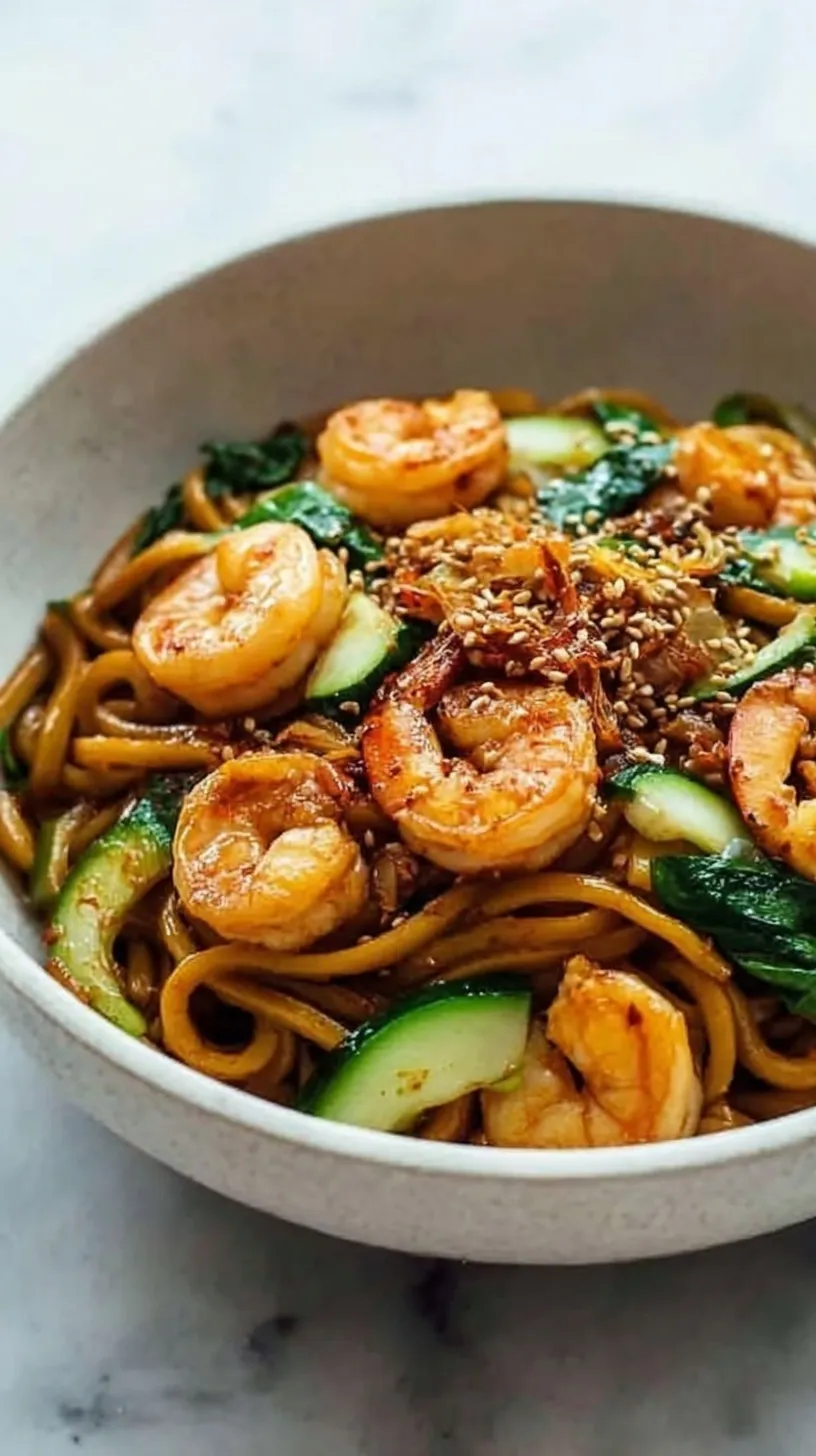 A bowl of glossy Szechuan noodles topped with seared garlic shrimp and sliced green onions
