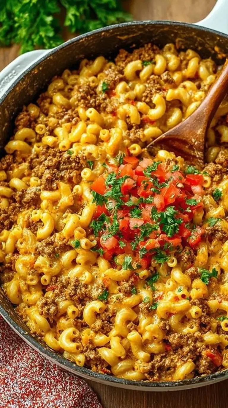 A bowl of creamy taco mac and cheese topped with fresh tomatoes and jalapenos