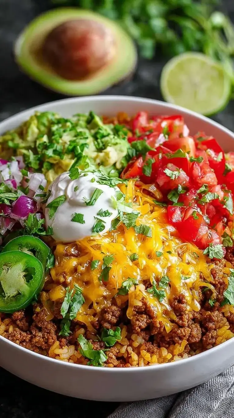 A vibrant taco rice bowl with seasoned beef, fresh lettuce, tomatoes, and a dollop of sour cream