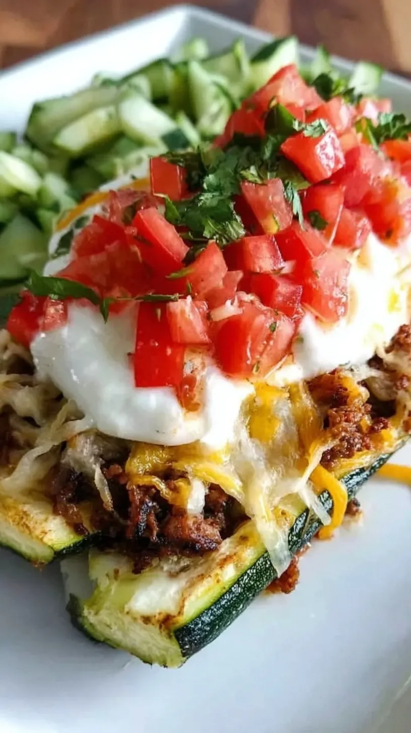 Golden-brown taco-stuffed zucchini boats topped with melted cheese and fresh cilantro in a glass baking dish.