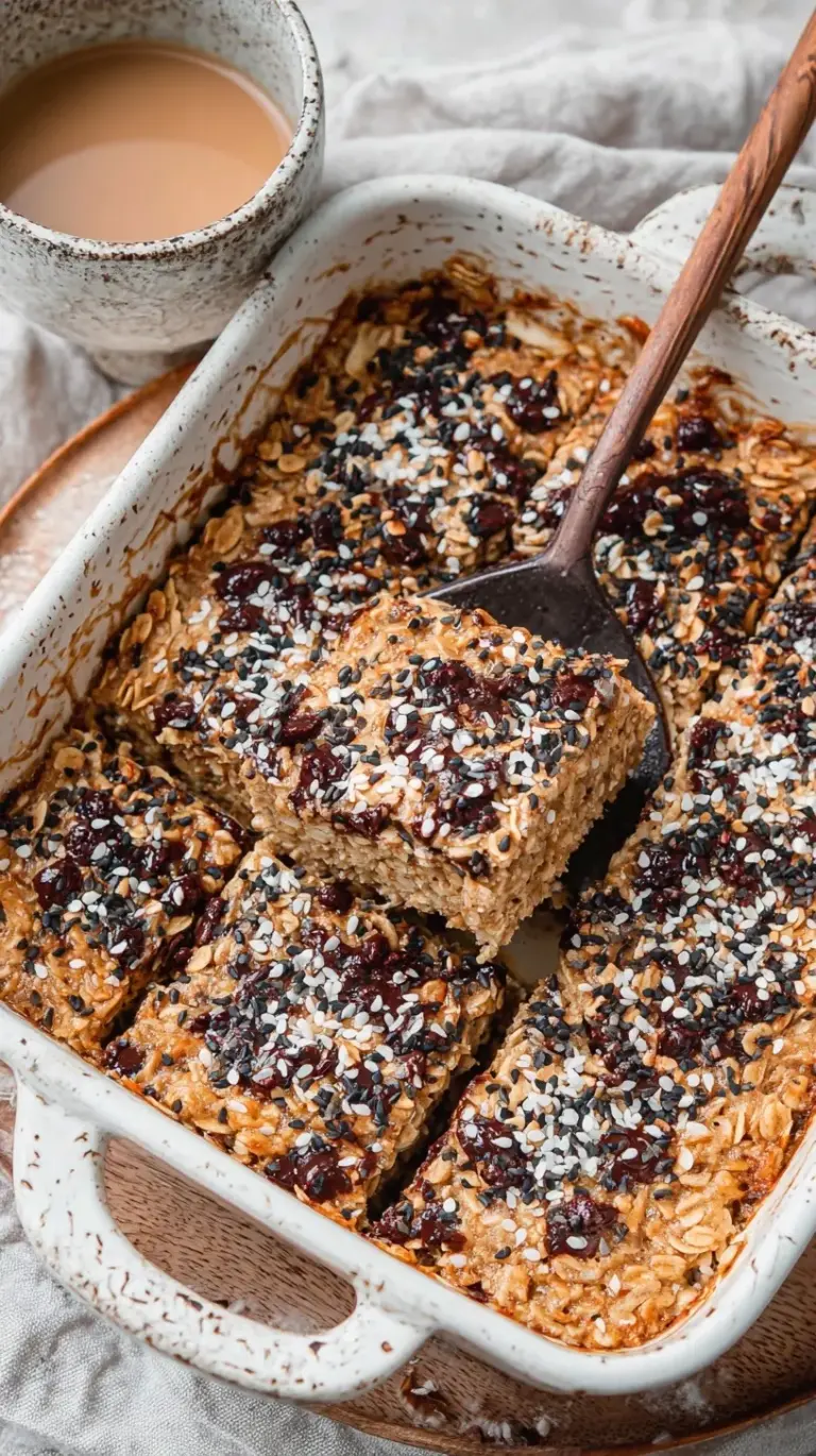 A golden brown 8x8 baking dish filled with Tahini Baked Oatmeal topped with toasted sesame seeds.