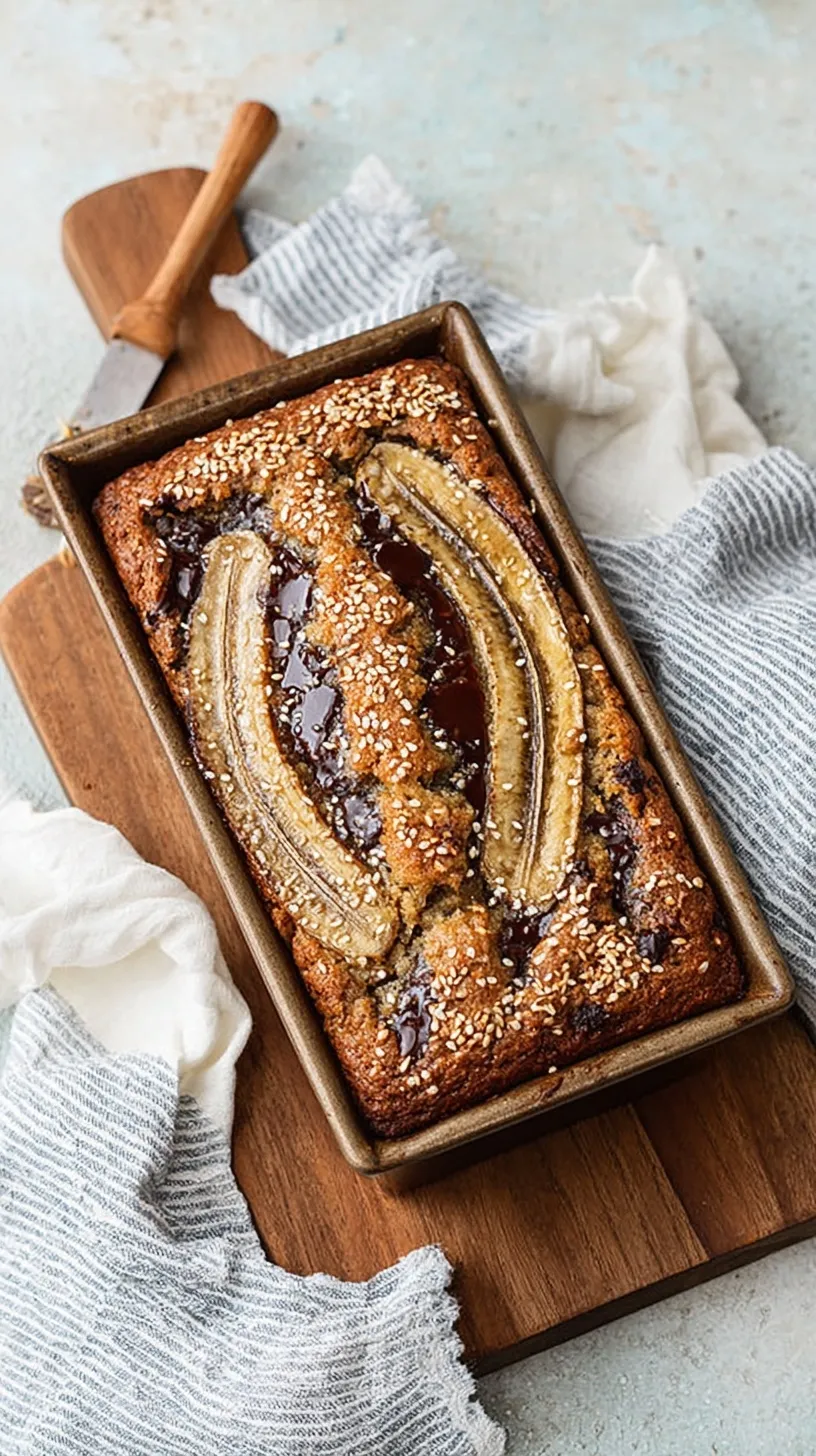 A golden loaf of Tahini Banana Bread topped with toasted sesame seeds on a wire rack.