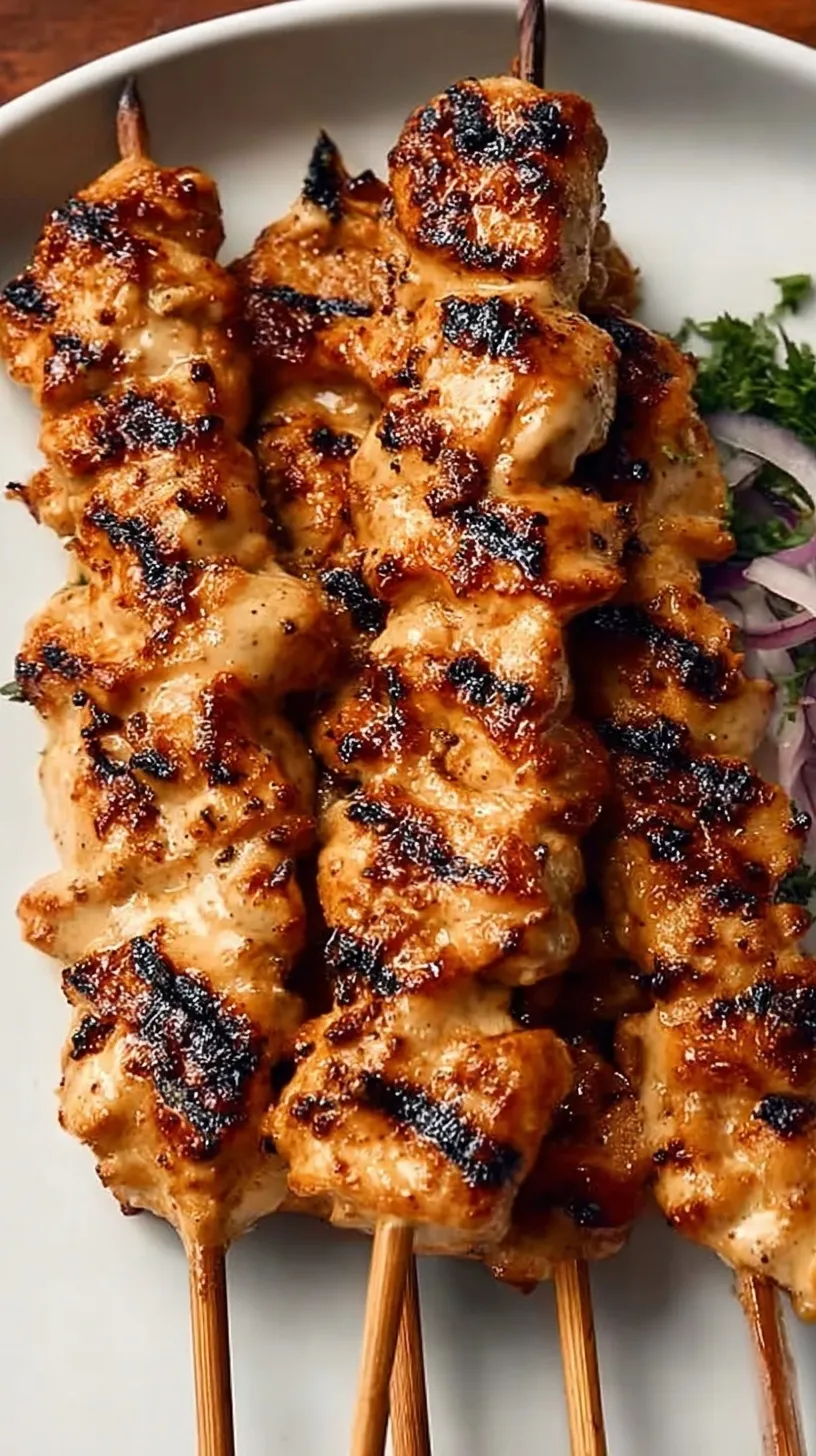 Grilled tahini chicken skewers on a platter with lemon wedges and fresh herbs