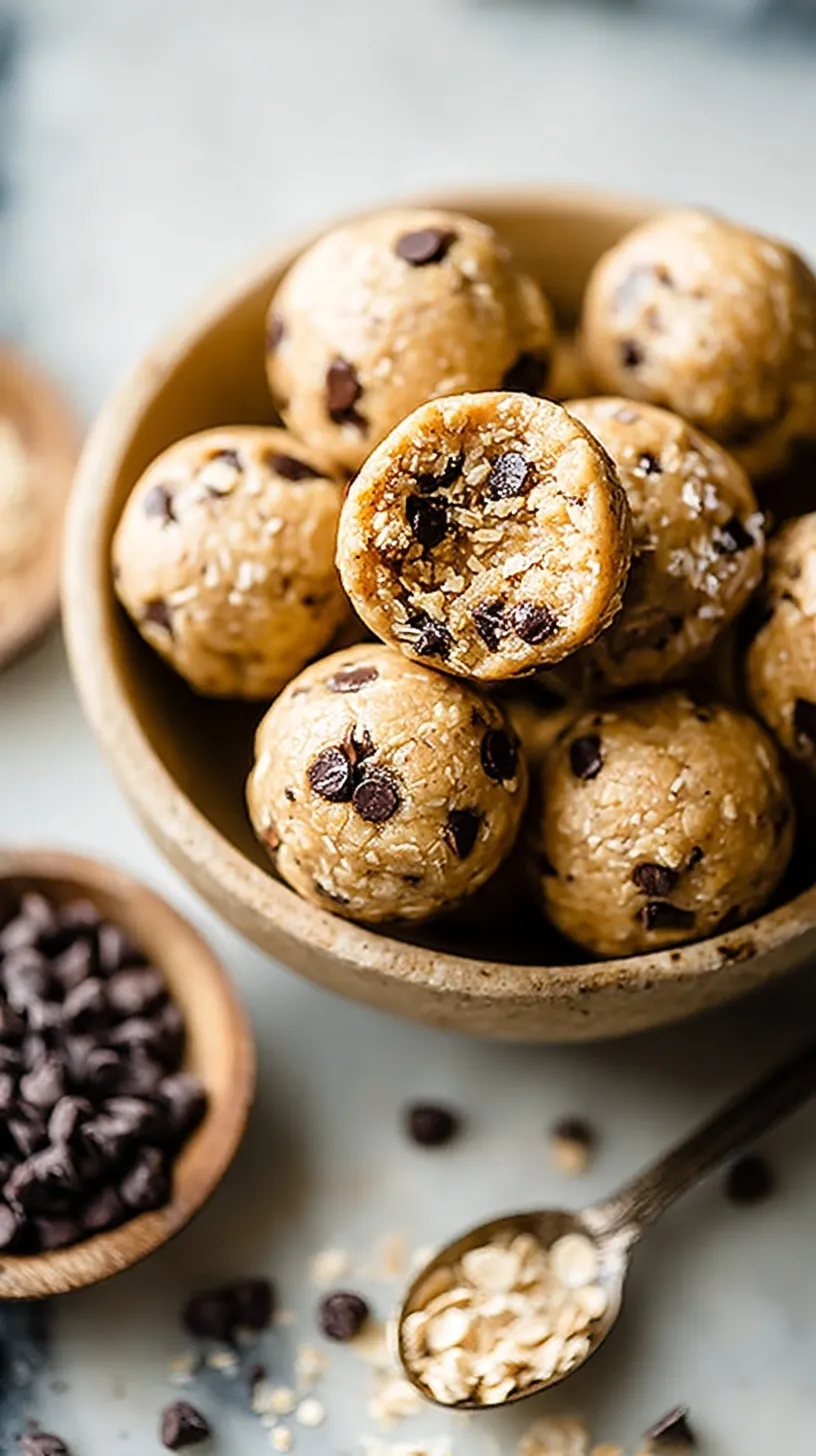 A plate of round tahini chocolate chip protein balls with a sprinkle of sea salt