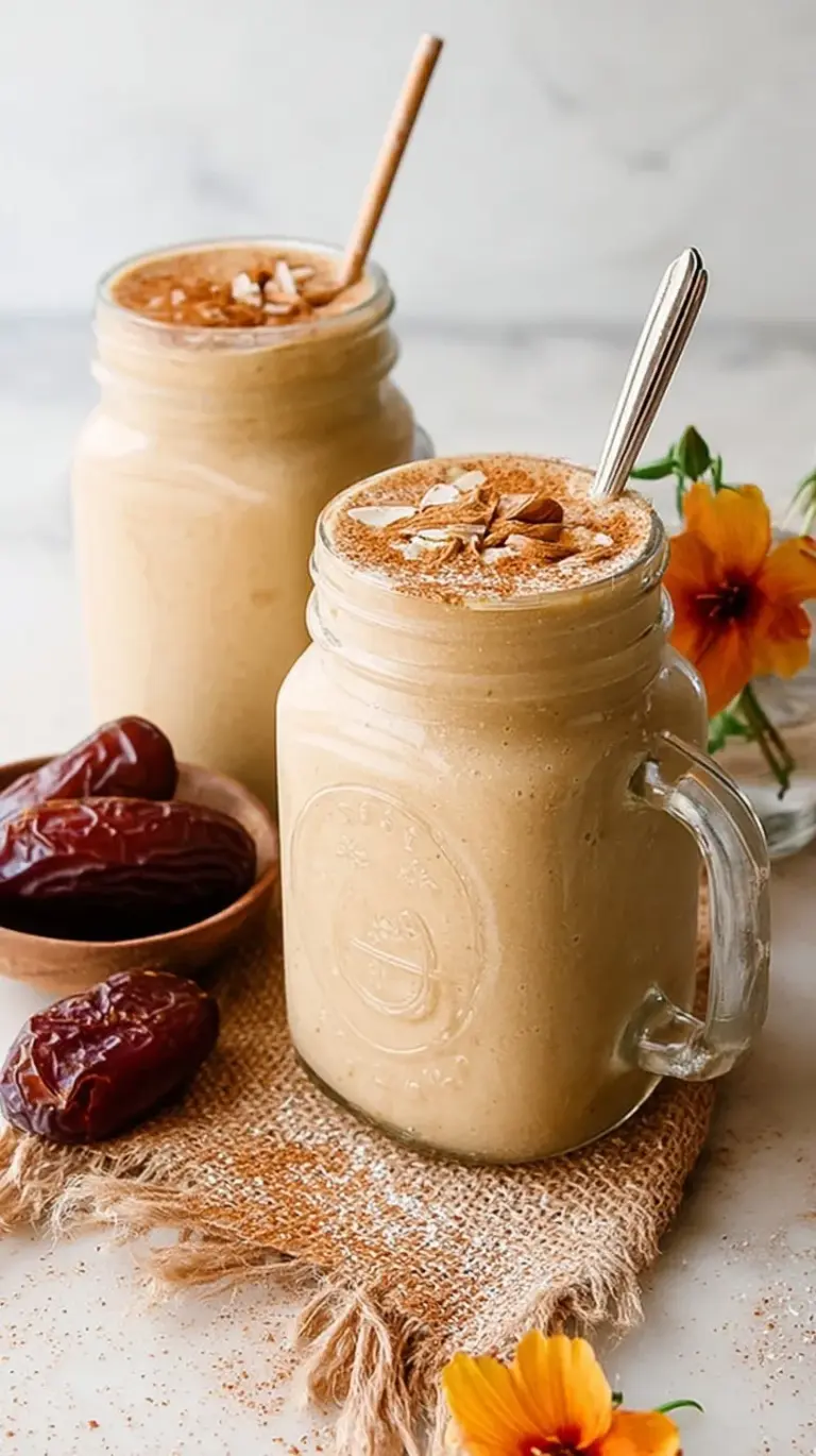A tall glass of creamy tahini smoothie with a sprinkle of cinnamon on top