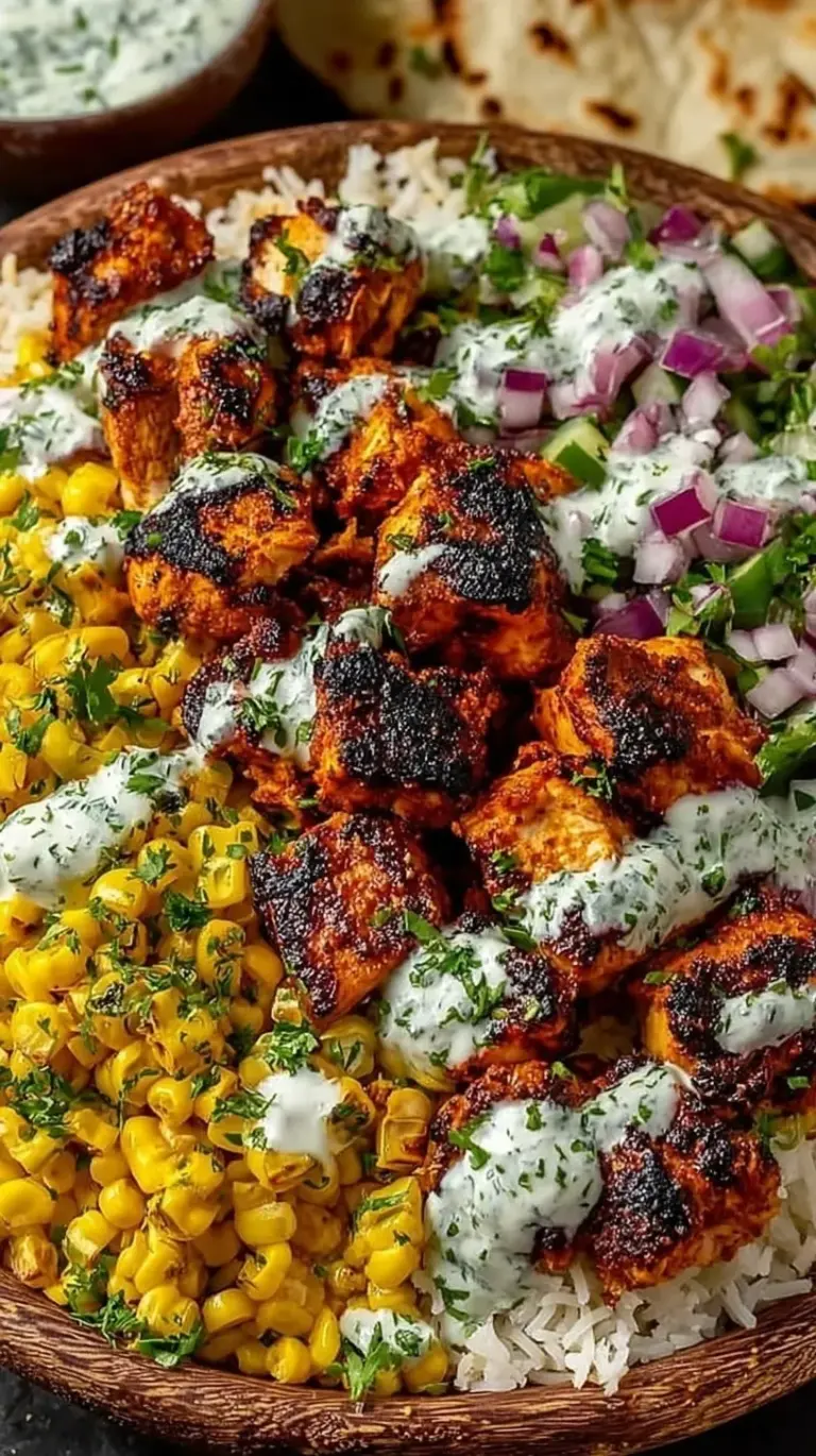 A vibrant bowl featuring spice-rubbed grilled chicken, cilantro-lime rice, and creamy Mexican street corn topped with cotija cheese and lime.