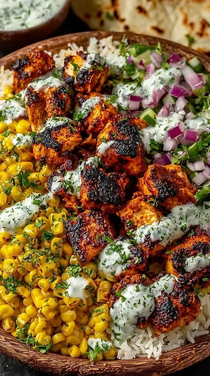 A vibrant bowl featuring spice-rubbed grilled chicken, cilantro-lime rice, and creamy Mexican street corn topped with cotija cheese and lime.