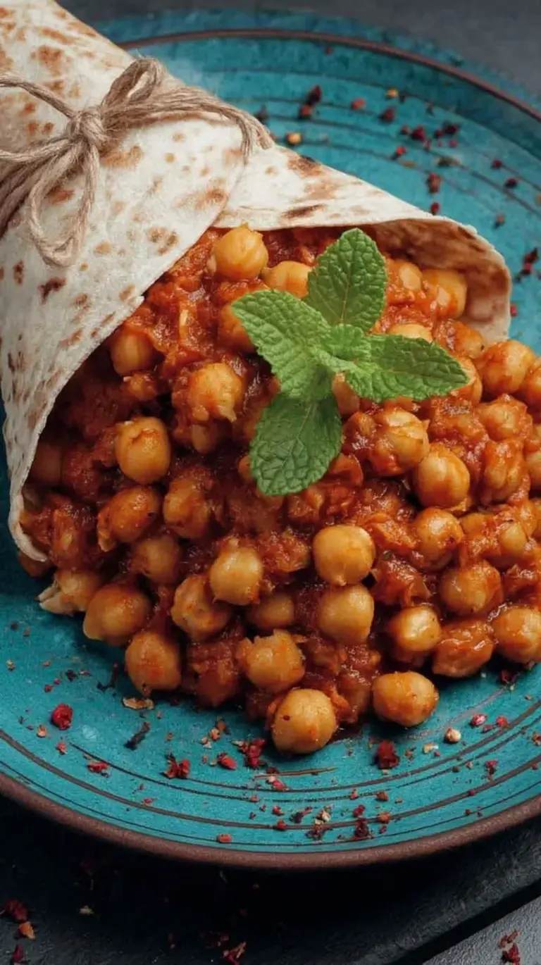 A bowl of dark, rich tea infused chana masala garnished with fresh cilantro